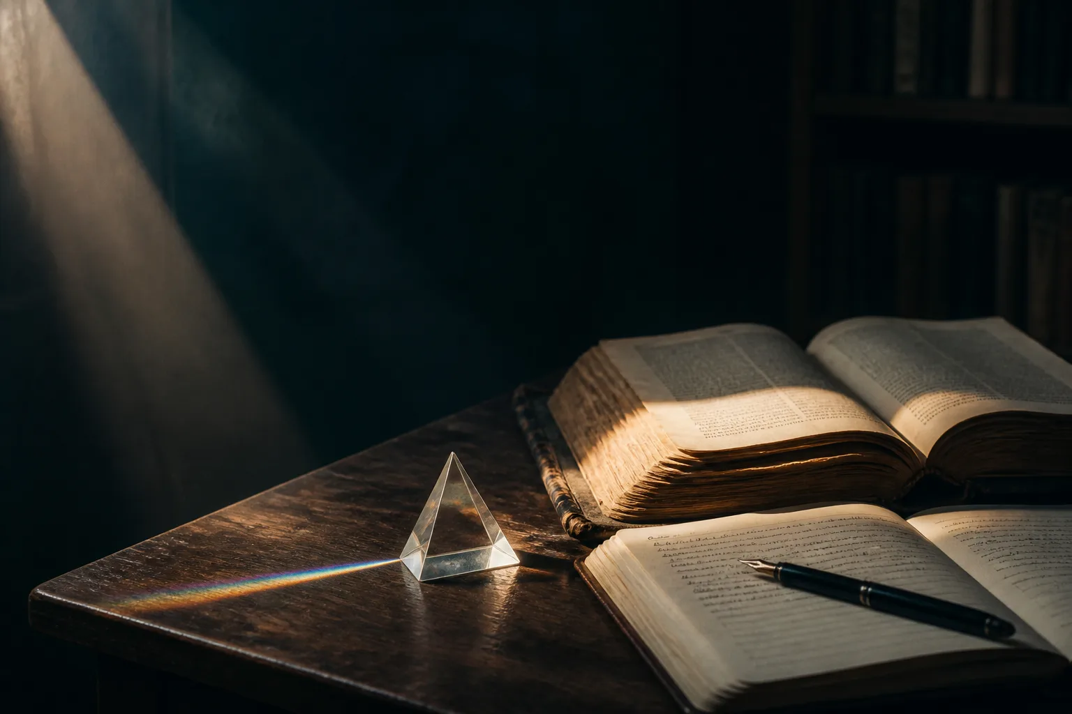Open books, notes, and a glass prism in a quiet study